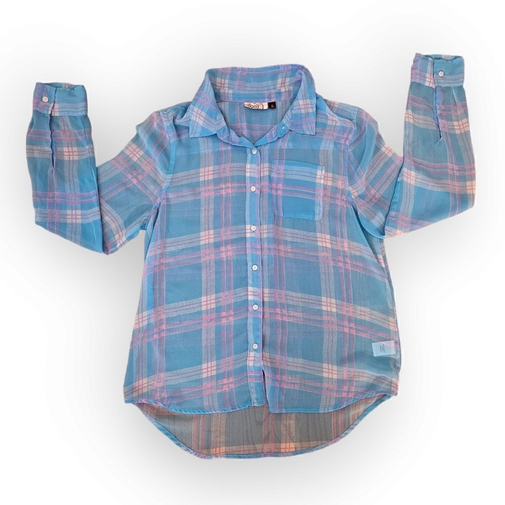 S0 Light Pink and Blue Plaid Sheer Button Up Long Sleeve Shirt RN73277 (Size L)